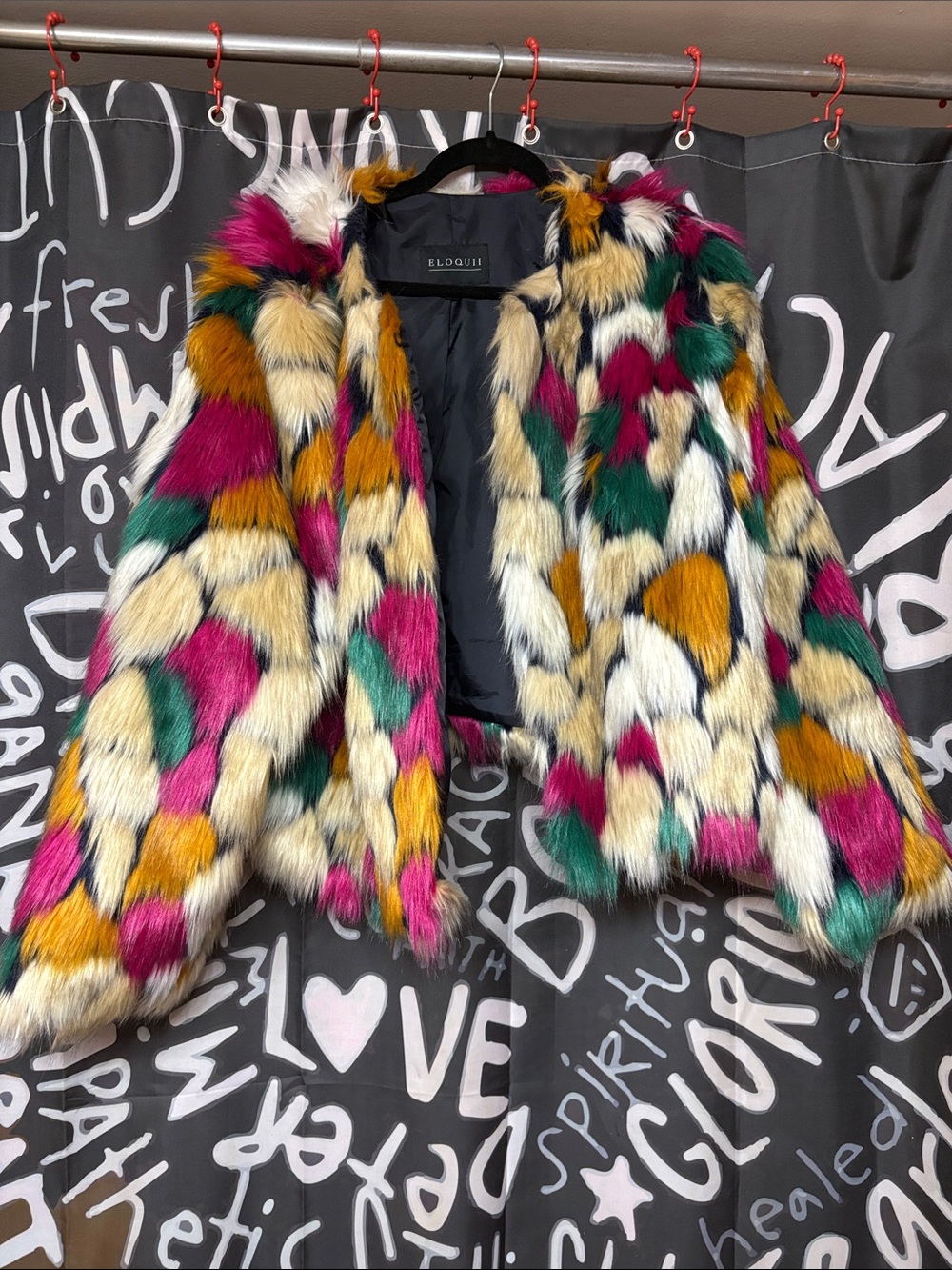 Eloquii Multicolor Faux Fur Teddy Jacket in Pink, Green, Gold, Cream